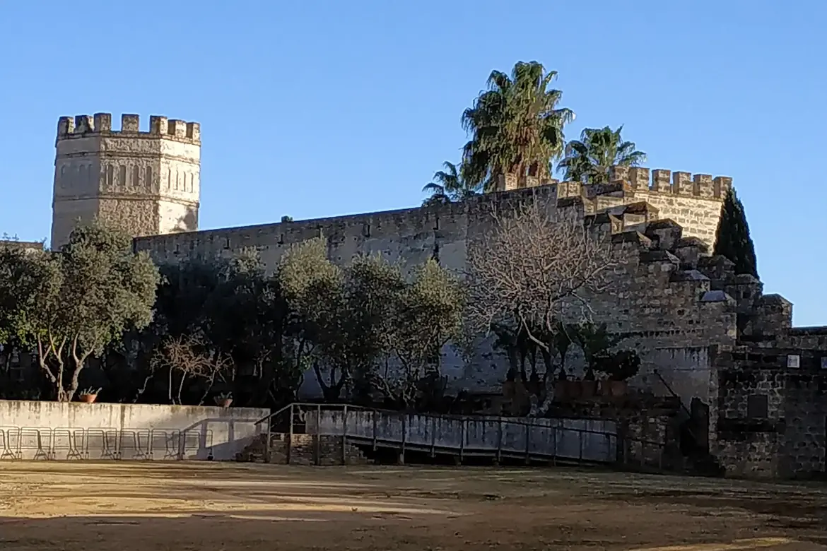 Le mura merlate e una torre ottagonale dell'Alcázar di Jerez sotto un cielo azzurro, con palme dietro i merli