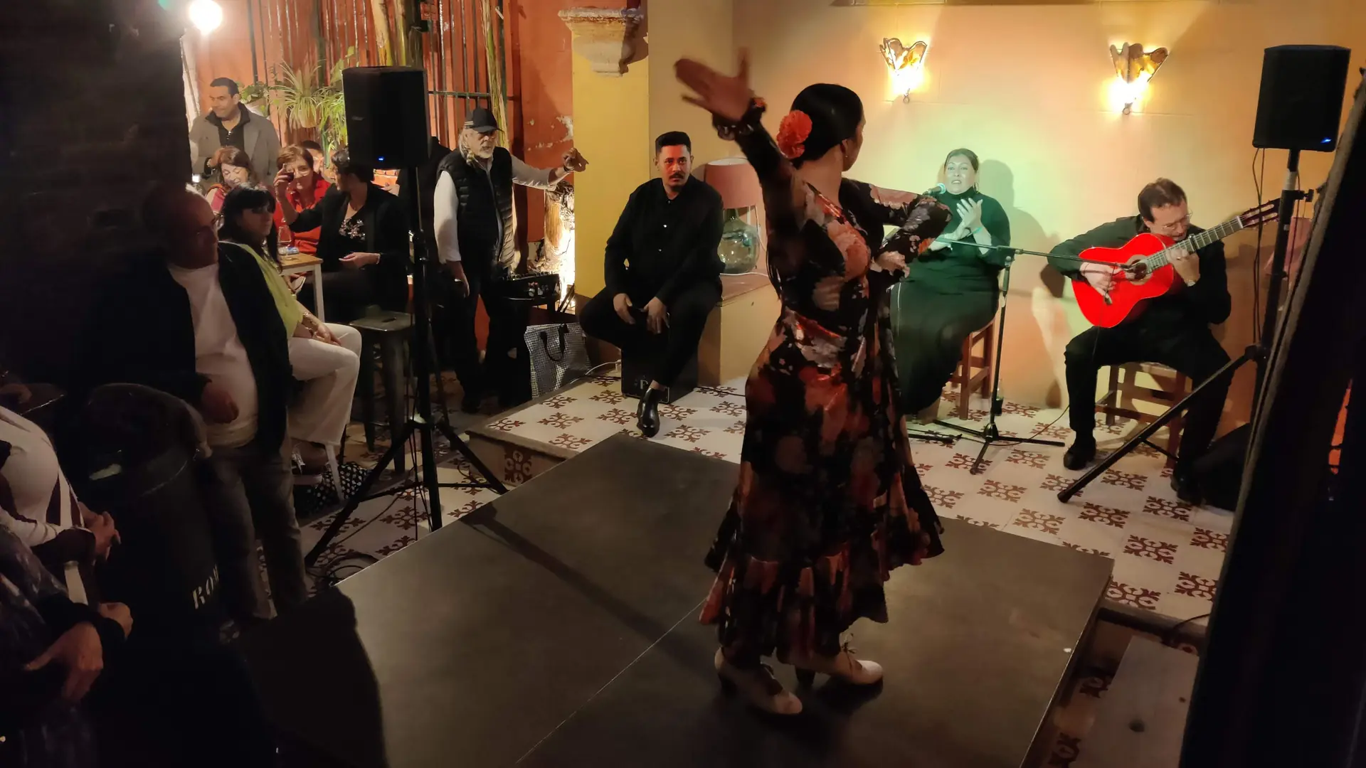 Flamenková tanečnice v květovaných šatech zvedá jednu paži před sedícím zpěvákem a kytaristou hrajícím na červenou kytaru, zatímco publikum přihlíží zleva